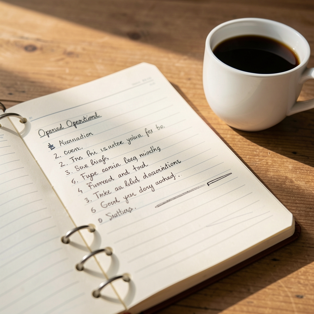 Close-up of handwritten observation notes in a food journal on a wooden surface, a cup of black coffee beside the notebook, morning light, no people visible