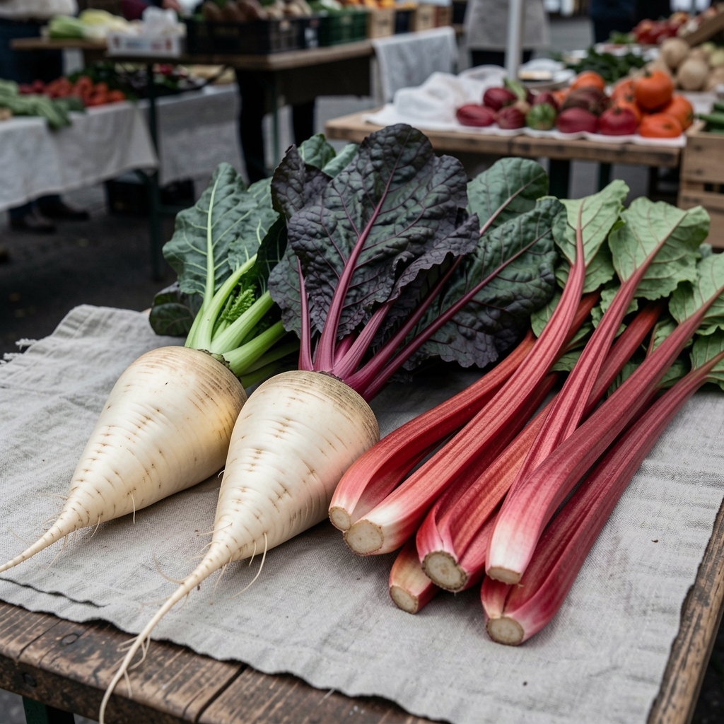 Pale celeriac, dark cavolo nero, and vibrant forced rhubarb stalks arranged on a worn linen cloth on a market table, early morning grey light, no people visible