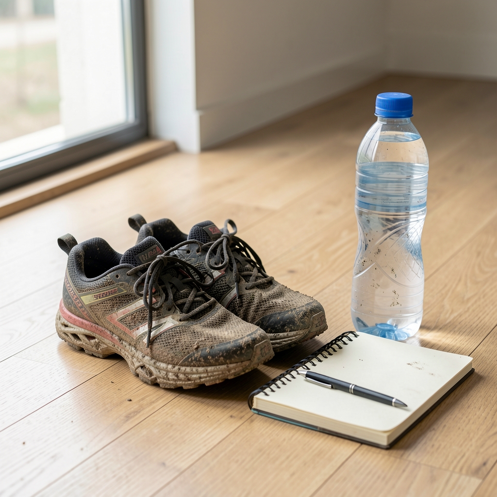 Muddy running shoes placed beside a water bottle and a small notebook on a wooden floor, post-run setting, natural light from a nearby window, no people visible