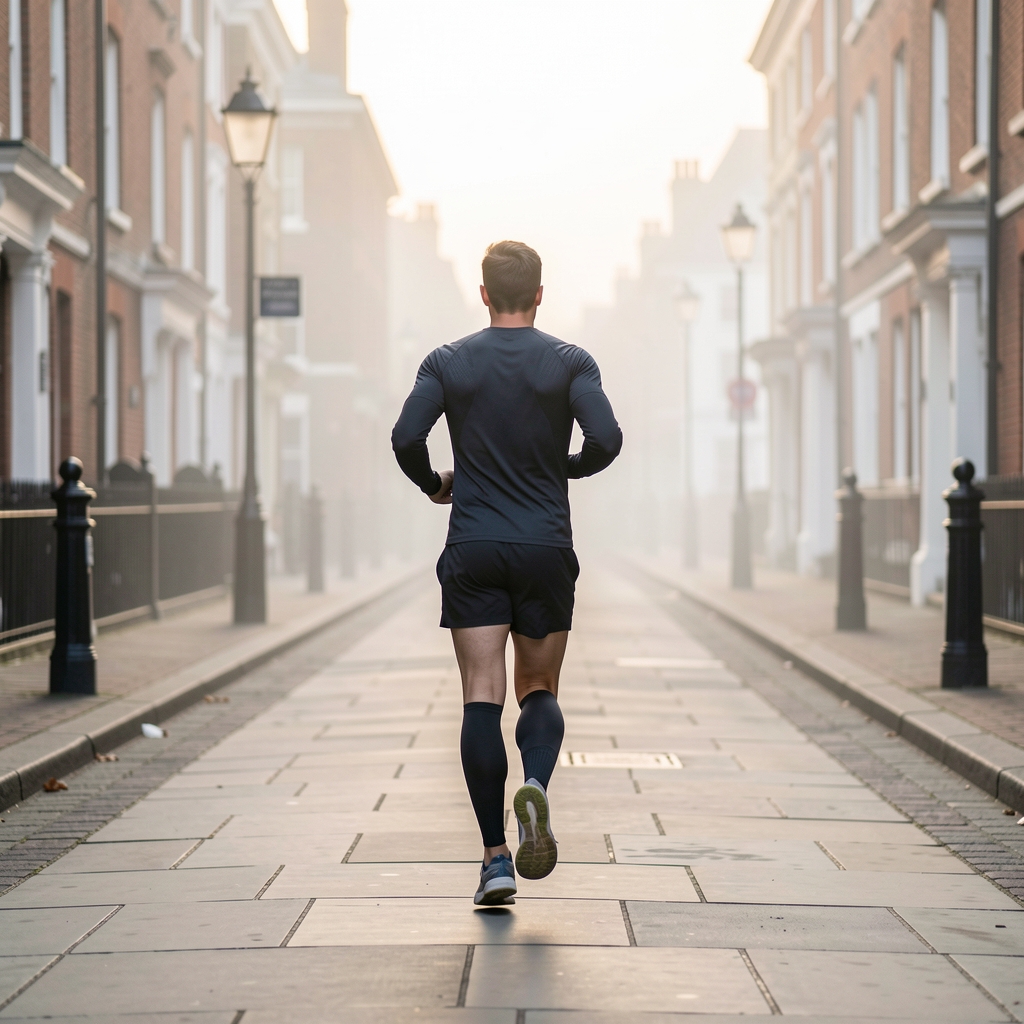 Runner in dark athletic wear seen from behind on a quiet London street at dawn, mist in the distance, motion captured mid-stride on pale grey pavement